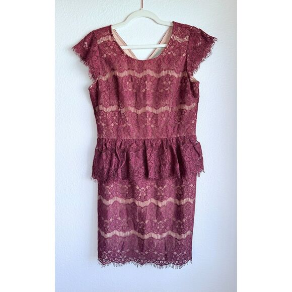 NWT Anthropologie Maeve Elsa Lace Peplum Cap Sleeve Dress in Wine Red Sz Medium - Picture 4 of 12